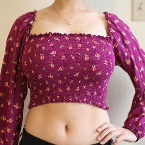 Purple Floral Square Neck Smocked Top